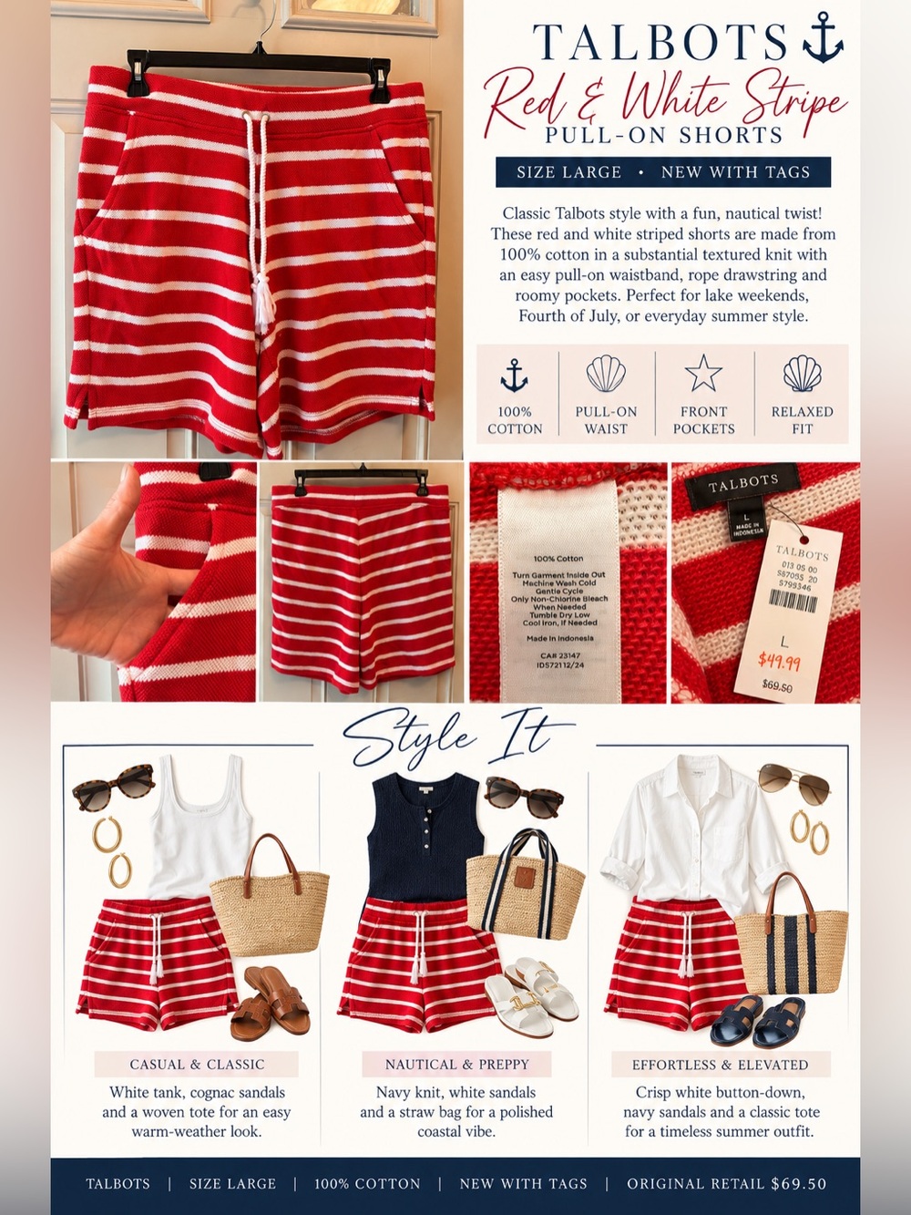 Talbot’s Red and White Striped Pull-On Athletic Shorts